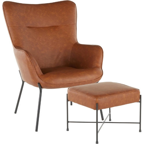 Izzy Lounge Chair & Ottoman Set in Camel Leatherette & Black Metal